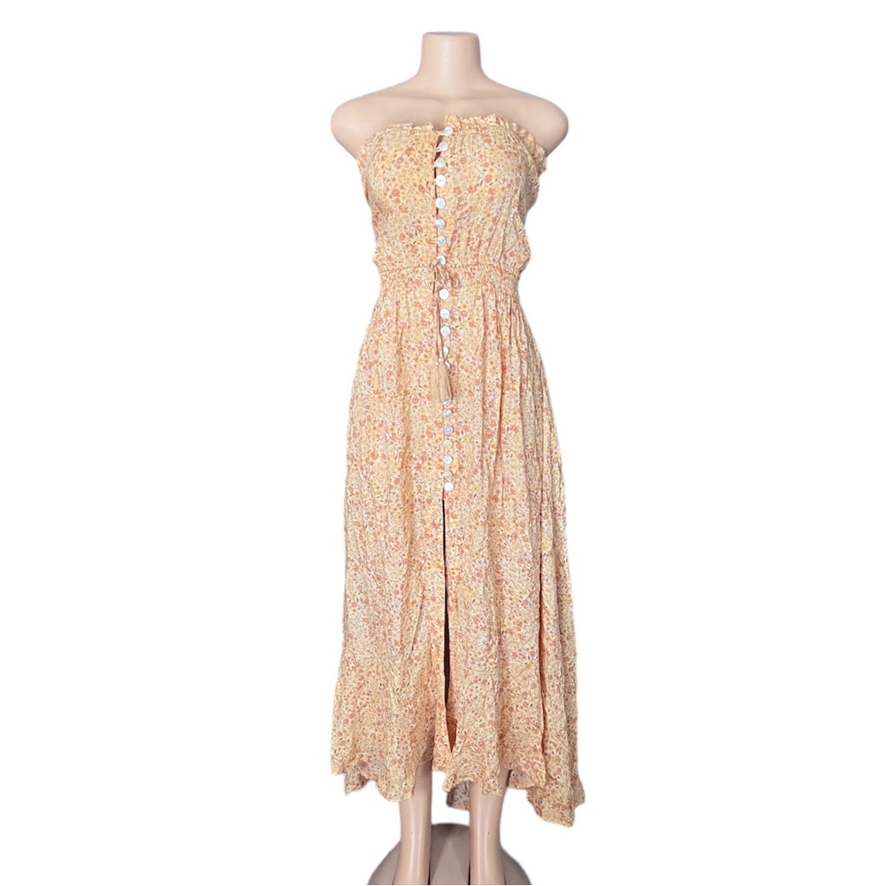Tiare Hawaii Yellow Floral Strapless Hi Low Maxi Dress size S/M